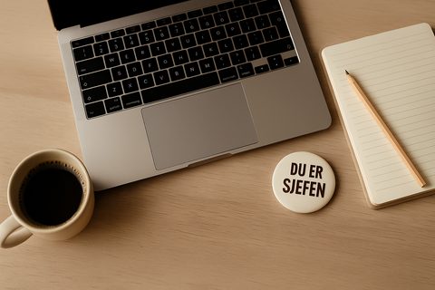 Laptop, notatbok og merke med teksten Du er sjefen
