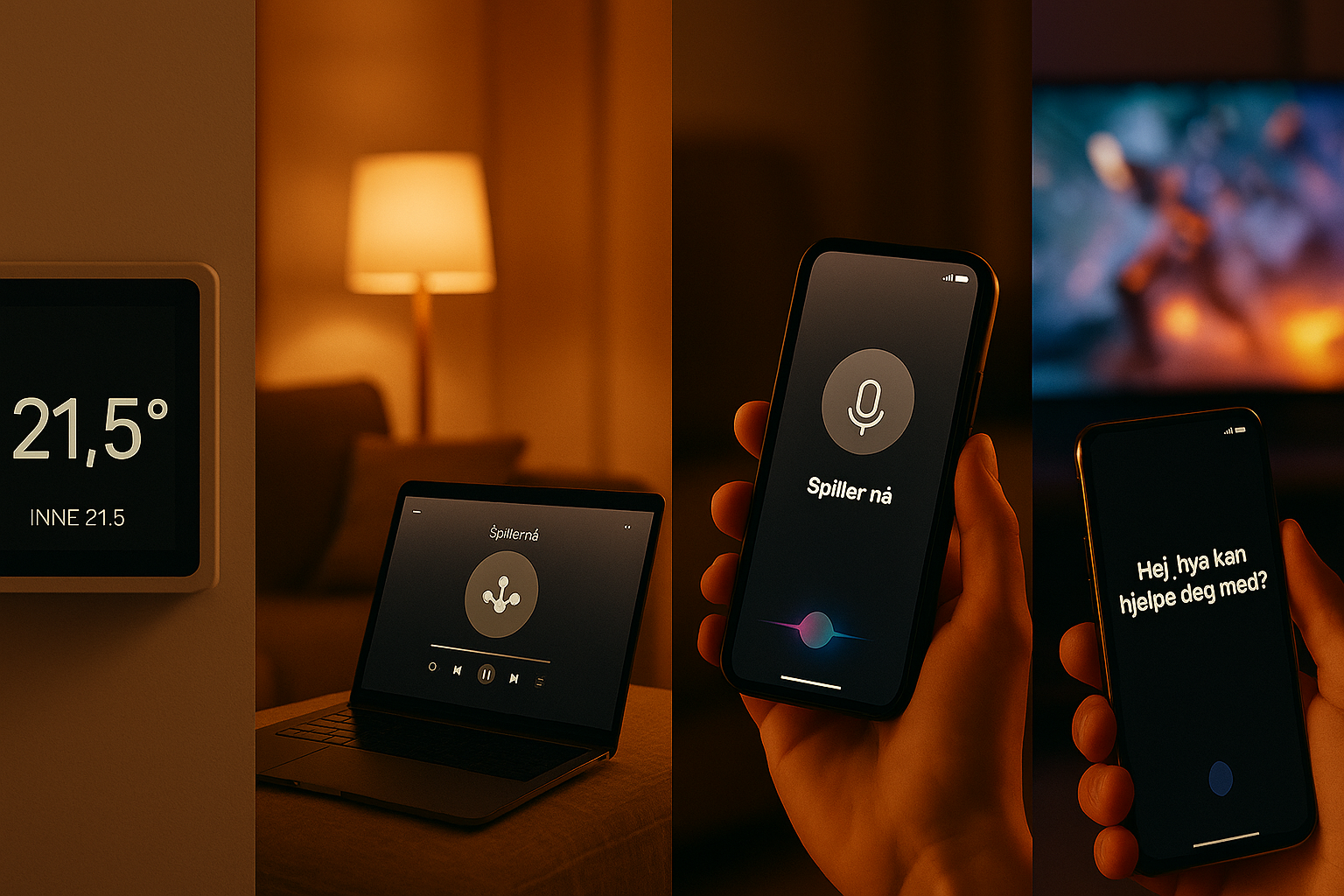 ermostat/lamper, TV/musikk, mobil med assistent, spill-skjerm