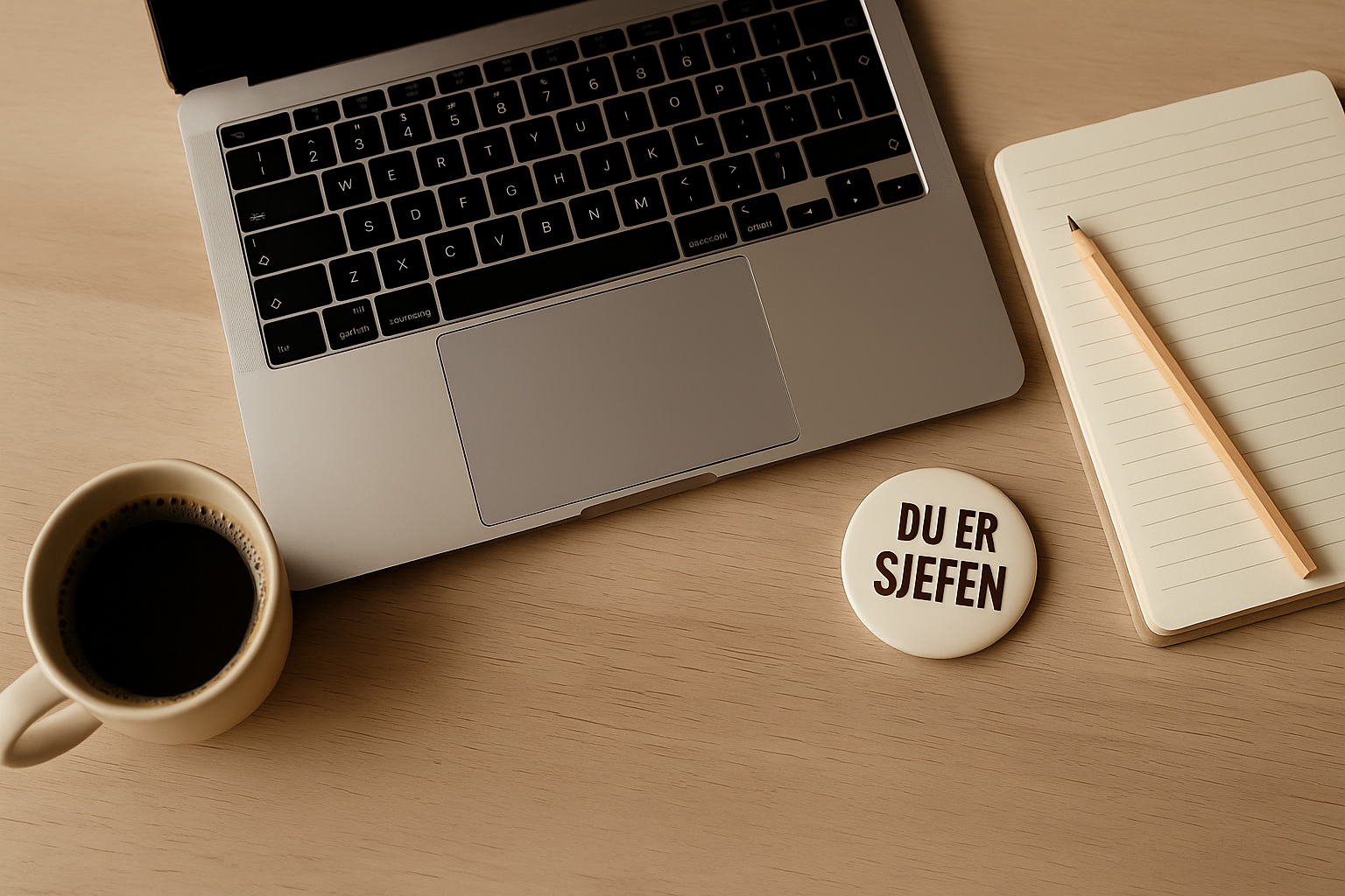 Laptop + notatbok + Du er sjefen»-badge