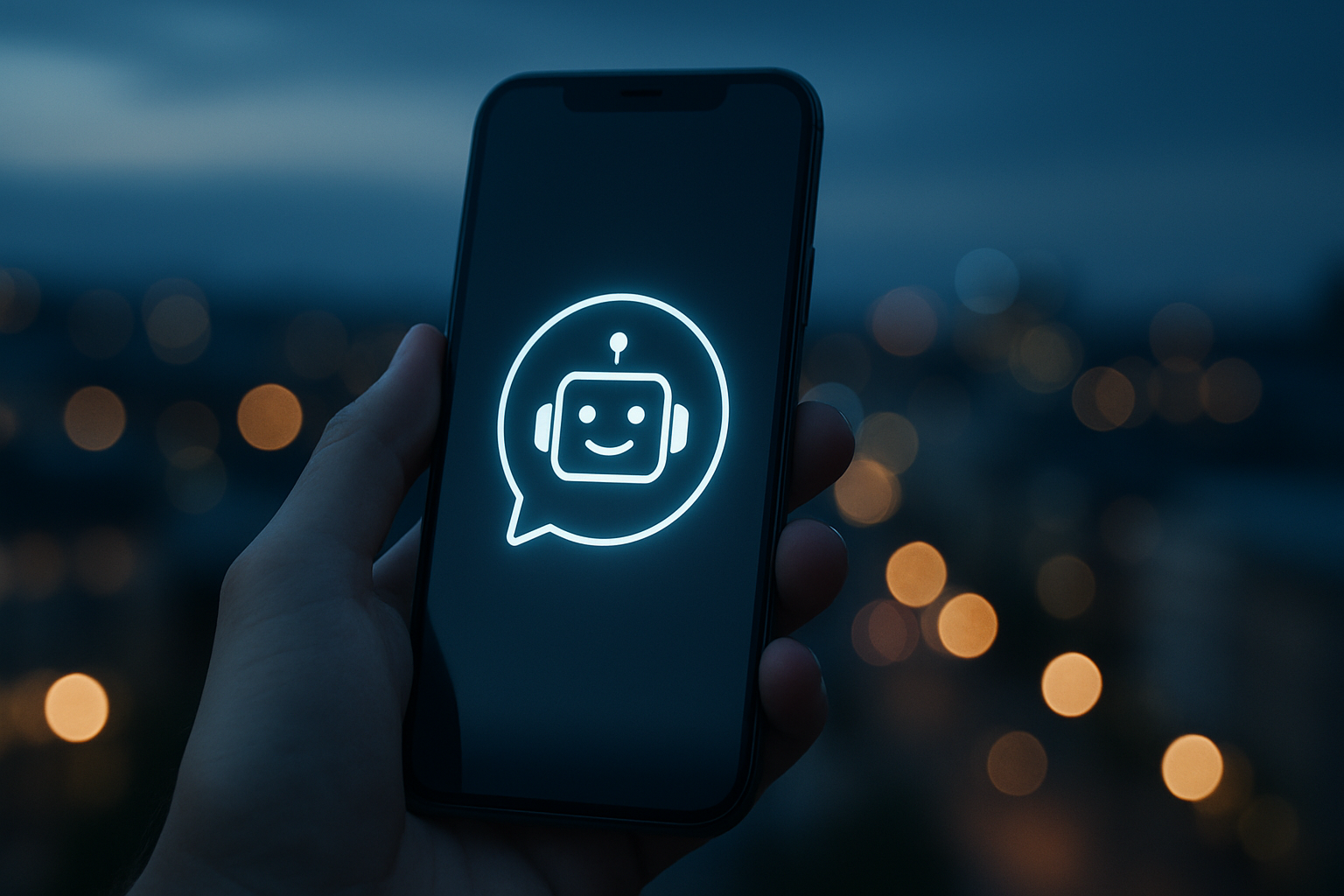Hånd som holder mobil med chatbot-ikon foran nattby med bokeh-lys